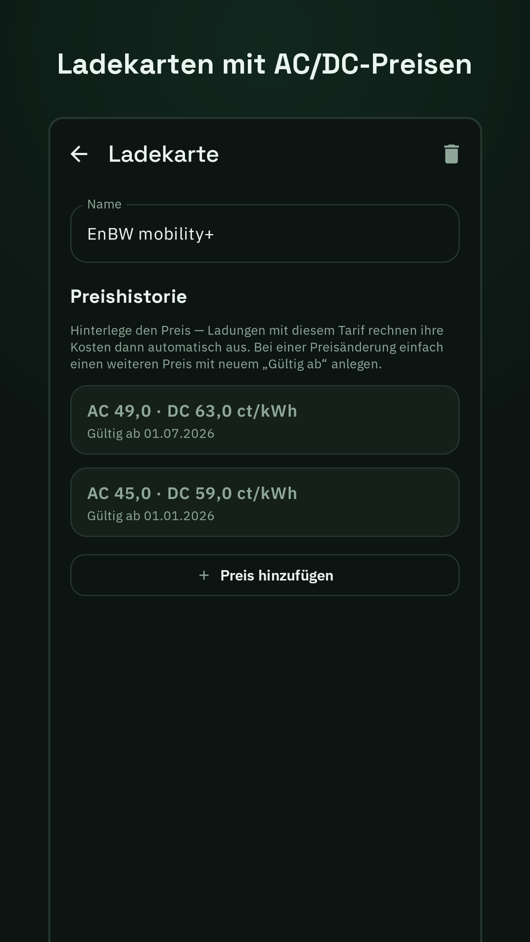 Ladelog: Ladekarten und Preishistorie